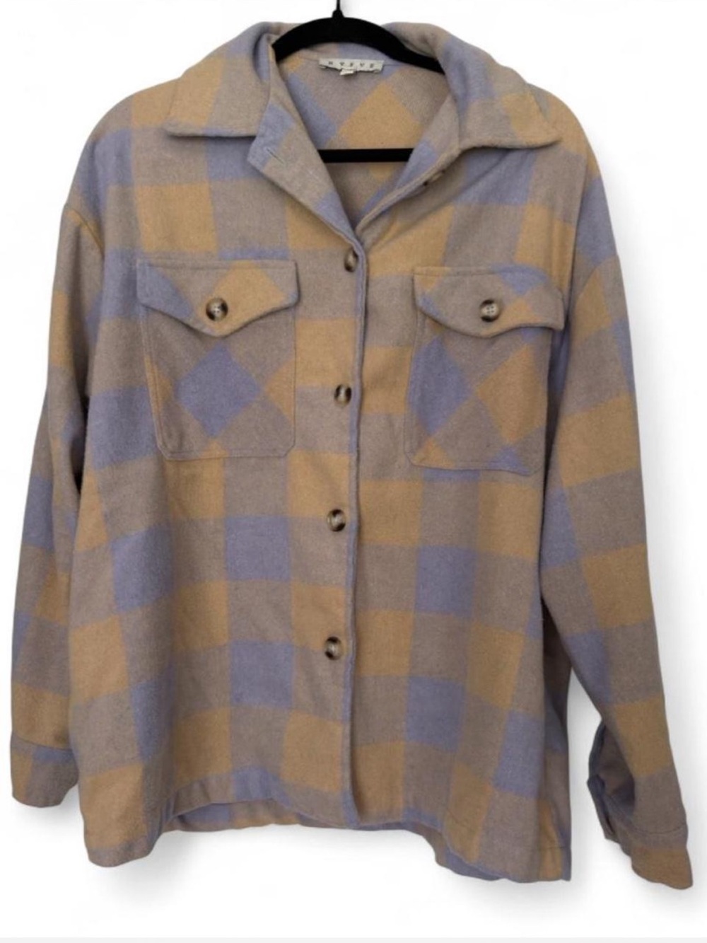 HYFVE Plaid Oversized Button-Down Shirt Jacket Shacket - Pastel Blue & Tan